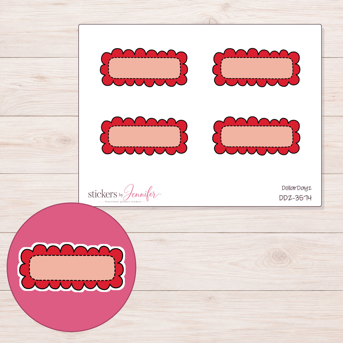 Red Doodle Scallop Quarter Box Planner Stickers | DDZ-3574 — 4 × 3 inch sheet and enlarged sticker detail