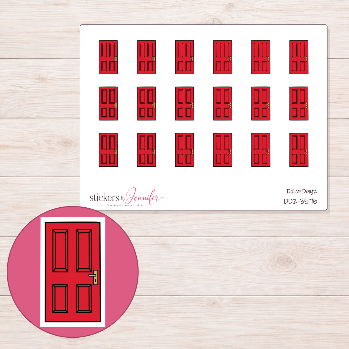 Red Front Door Planner Stickers | DDZ-3576 — 4 × 3 inch sheet and enlarged sticker detail