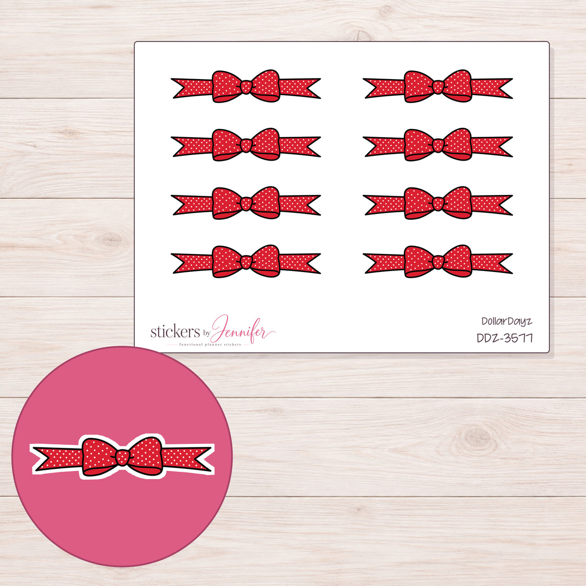 Red Polka Dot Bow Divider Planner Stickers | DDZ-3577 — 4 × 3 inch sheet and enlarged sticker detail