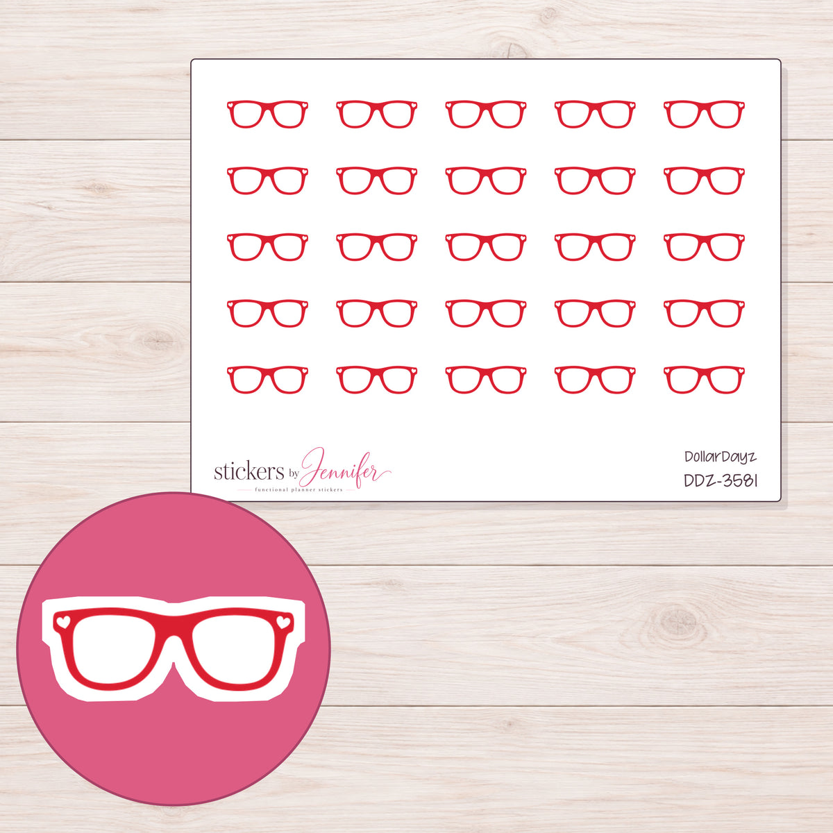 Red Eyeglasses Planner Stickers | DDZ-3581 — 4 × 3 inch sheet and enlarged sticker detail