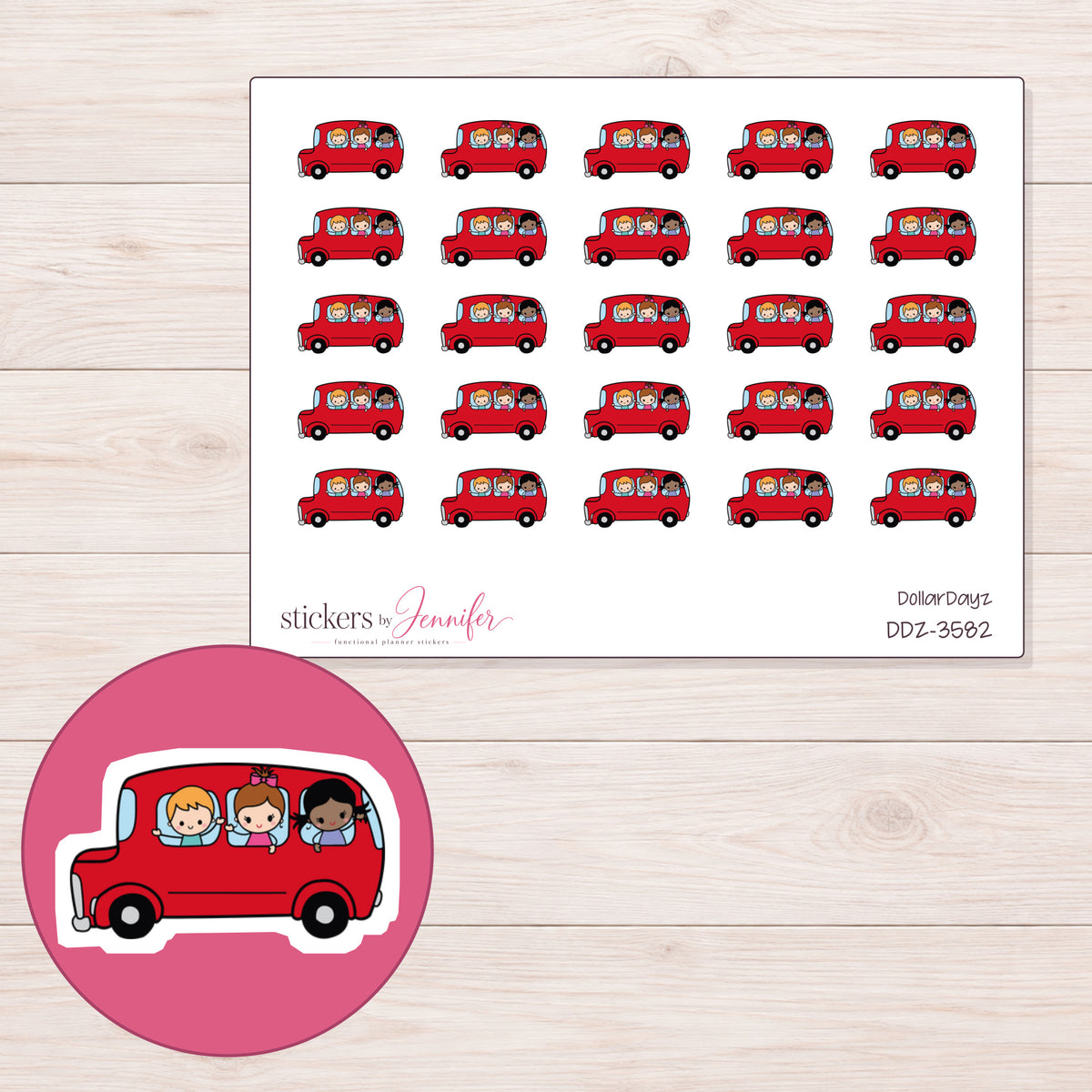 Red School Field Trip Bus Planner Stickers | DDZ-3582 — 4 × 3 inch sheet and enlarged sticker detail