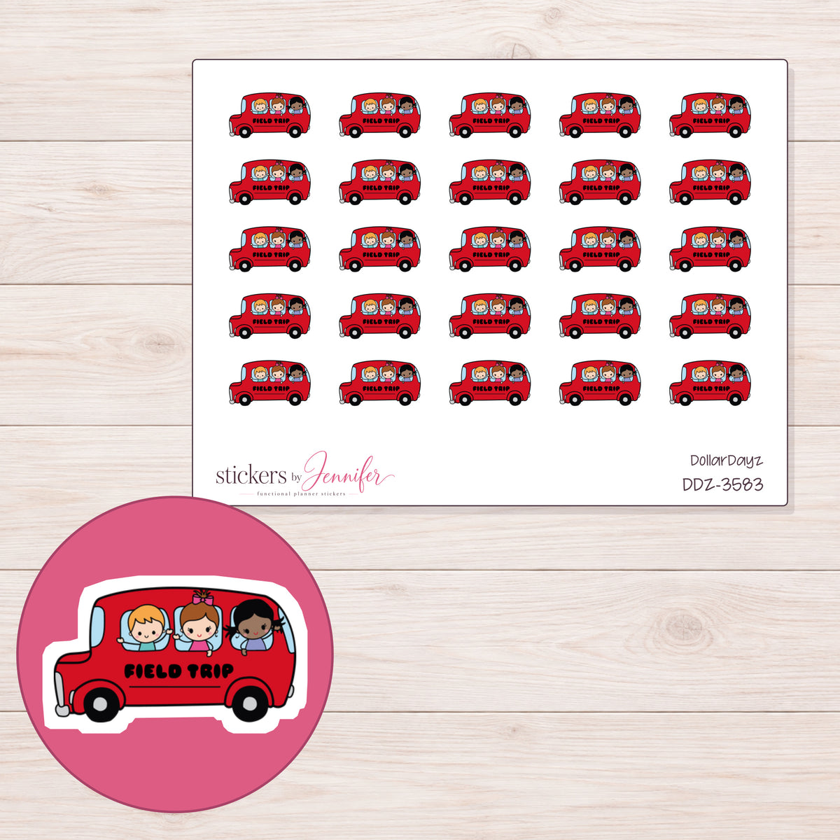 Red Field Trip Lettered Bus Planner Stickers | DDZ-3583 — 4 × 3 inch sheet and enlarged sticker detail