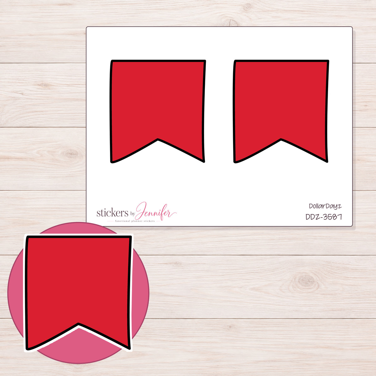 Red Fishtail Flag Planner Stickers | DDZ-3587 — 4 × 3 inch sheet and enlarged sticker detail