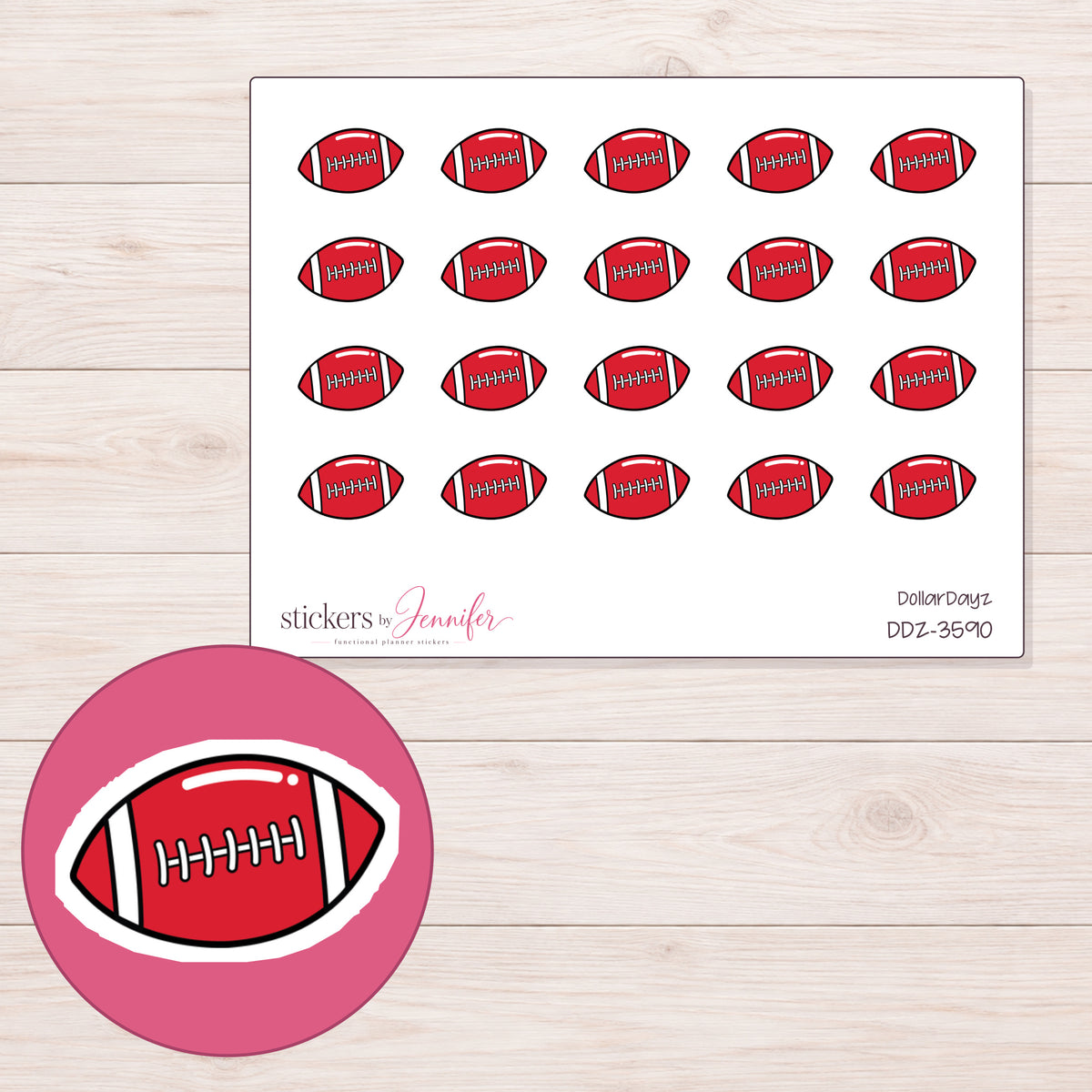 Red Football Planner Stickers | DDZ-3590 — 4 × 3 inch sheet and enlarged sticker detail