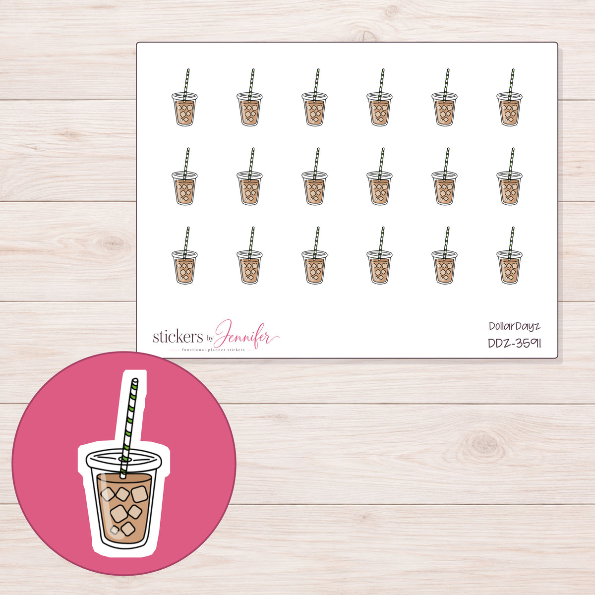 Iced Tea Cup Planner Stickers | DDZ-3591 — 4 × 3 inch sheet and enlarged sticker detail