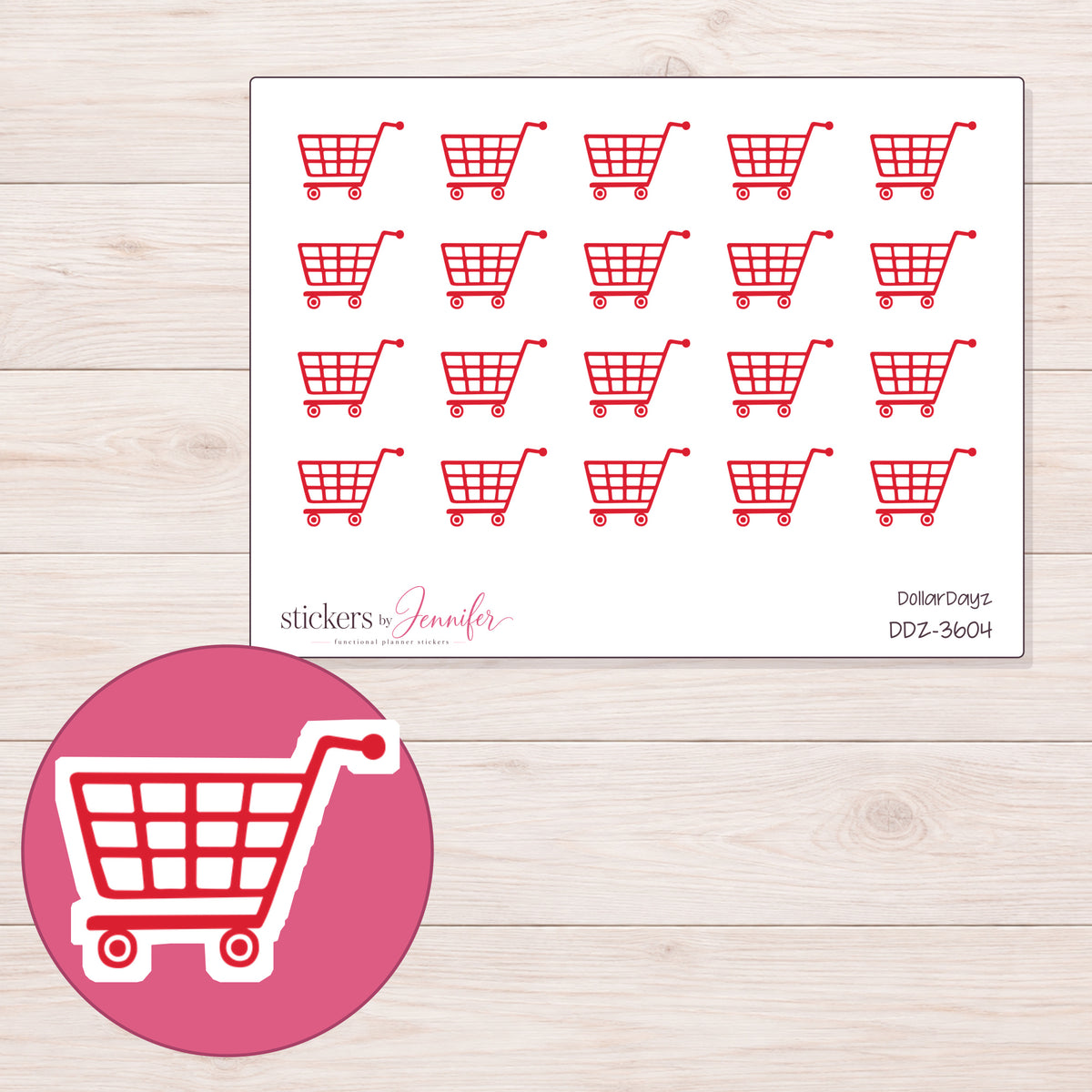 Red Grocery Cart Planner Stickers | DDZ-3604 — 4 × 3 inch sheet and enlarged sticker detail