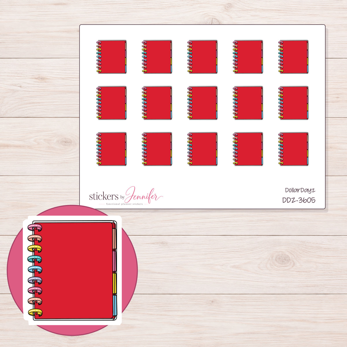 Red Disc-Bound Planner Planner Stickers | DDZ-3605 — 4 × 3 inch sheet and enlarged sticker detail