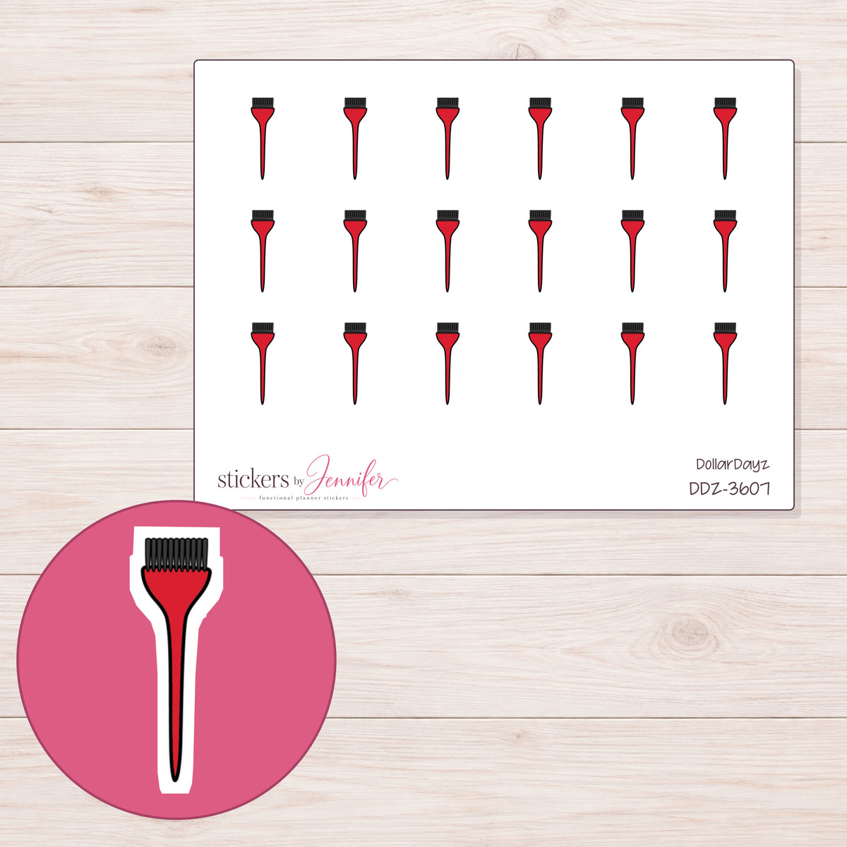 Red Hair Color Brush Planner Stickers | DDZ-3607 — 4 × 3 inch sheet and enlarged sticker detail