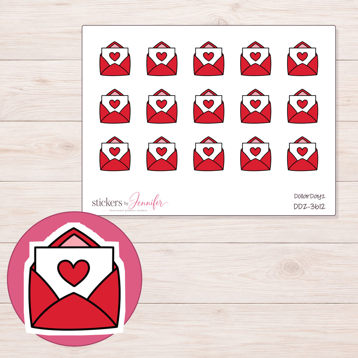 Red Heart Happy Mail Planner Stickers | DDZ-3612 — 4 × 3 inch sheet and enlarged sticker detail