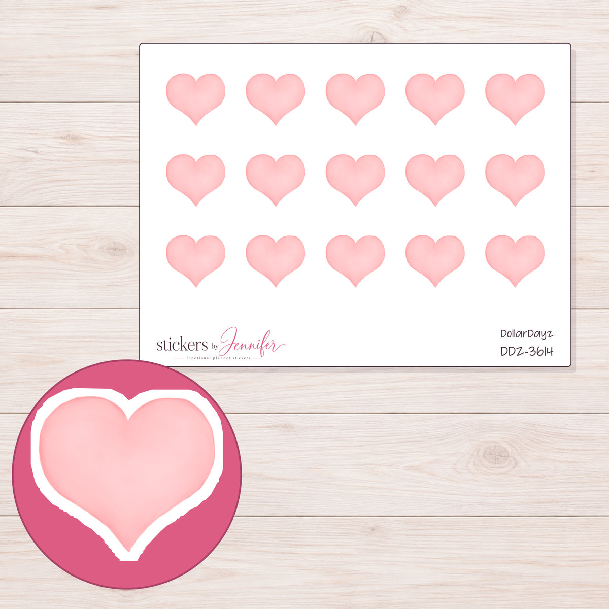 Pastel Pink Watercolor Heart Planner Stickers | DDZ-3614 — 4 × 3 inch sheet and enlarged sticker detail