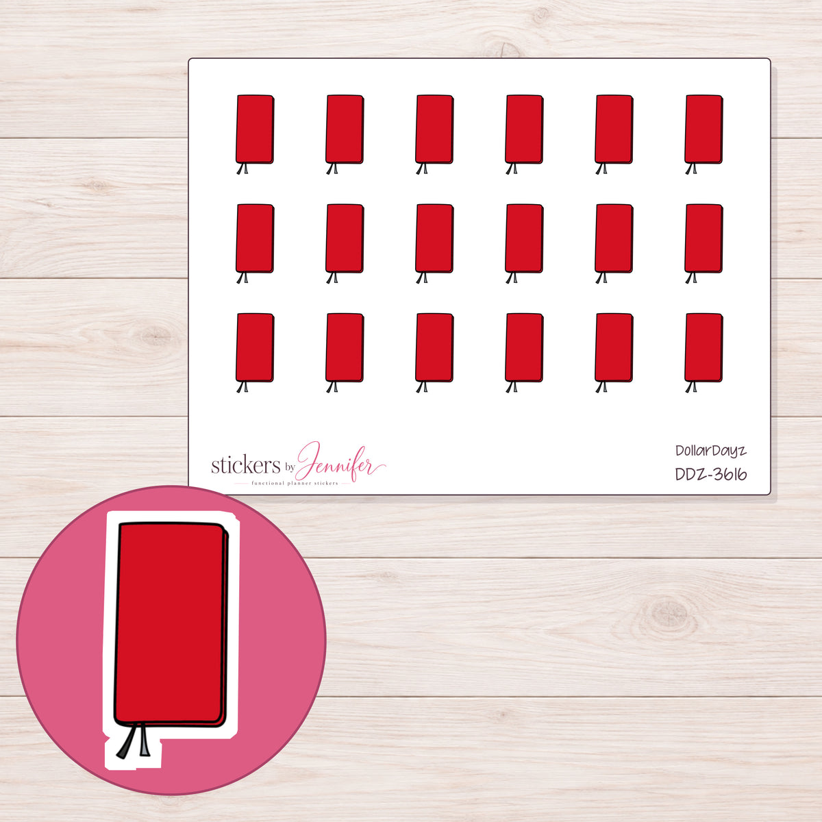Red Pocket Planner Planner Stickers | DDZ-3616 — 4 × 3 inch sheet and enlarged sticker detail
