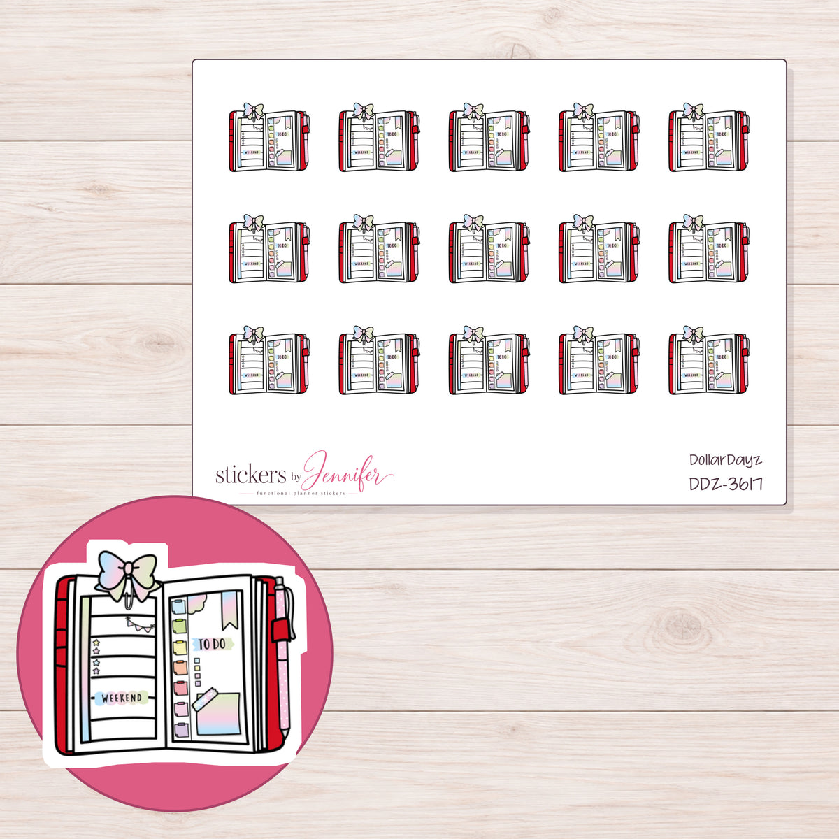 Open Bow Planner Planner Stickers | DDZ-3617 — 4 × 3 inch sheet and enlarged sticker detail