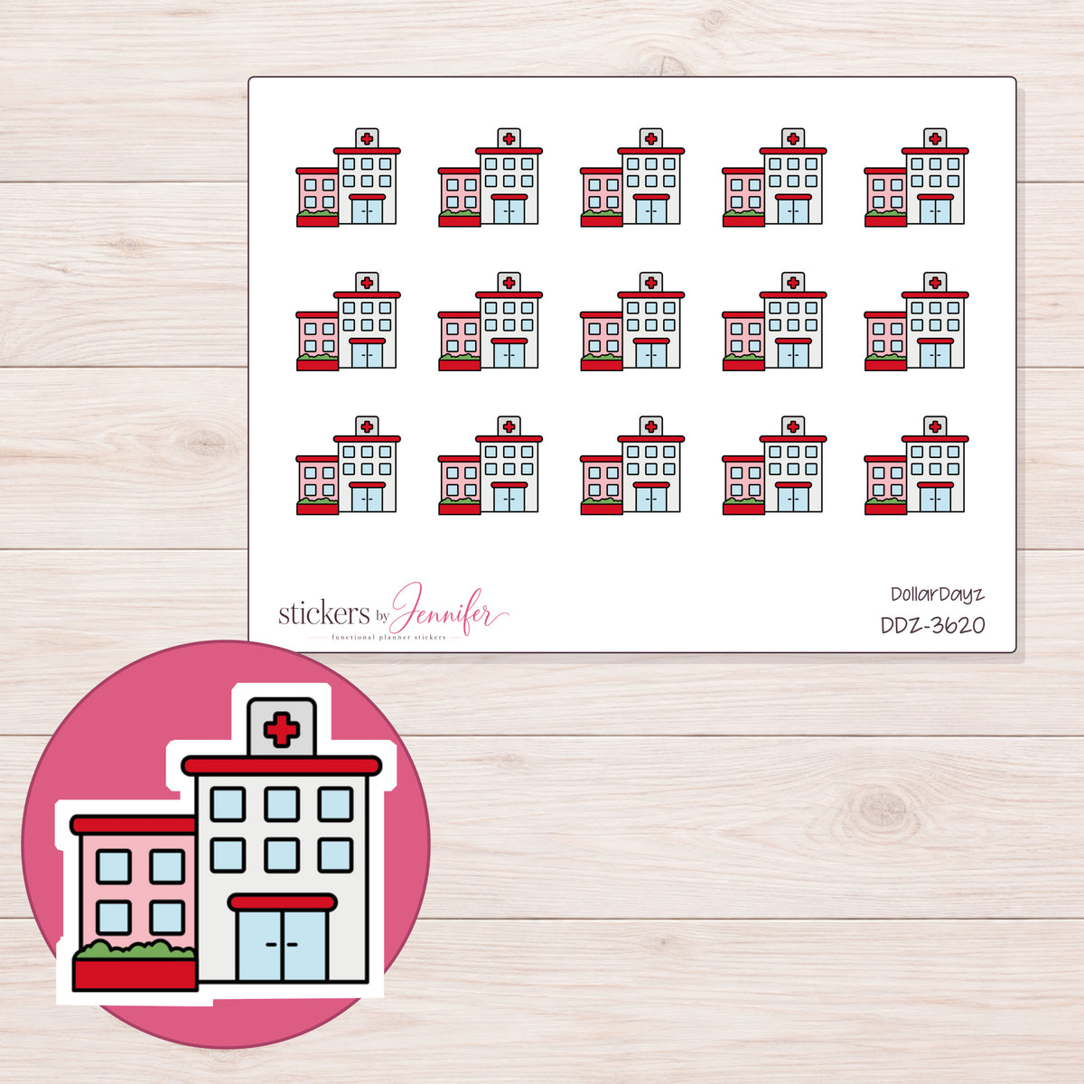 Red Hospital Building Planner Stickers | DDZ-3620 — 4 × 3 inch sheet and enlarged sticker detail