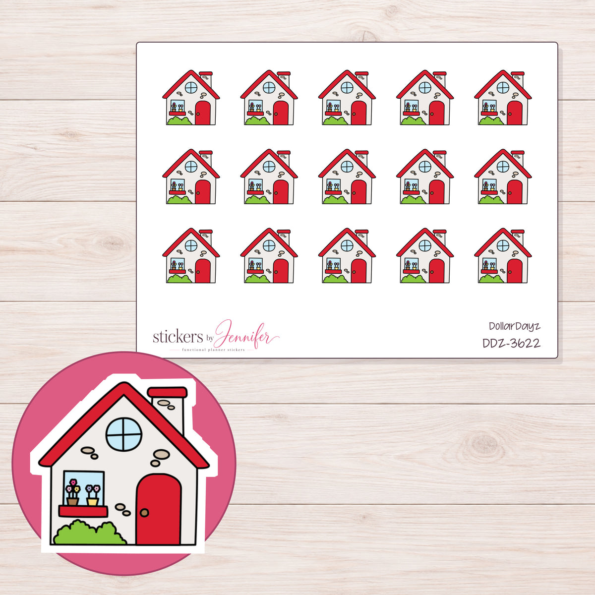 Red Roof House Planner Stickers | DDZ-3622 — 4 × 3 inch sheet and enlarged sticker detail