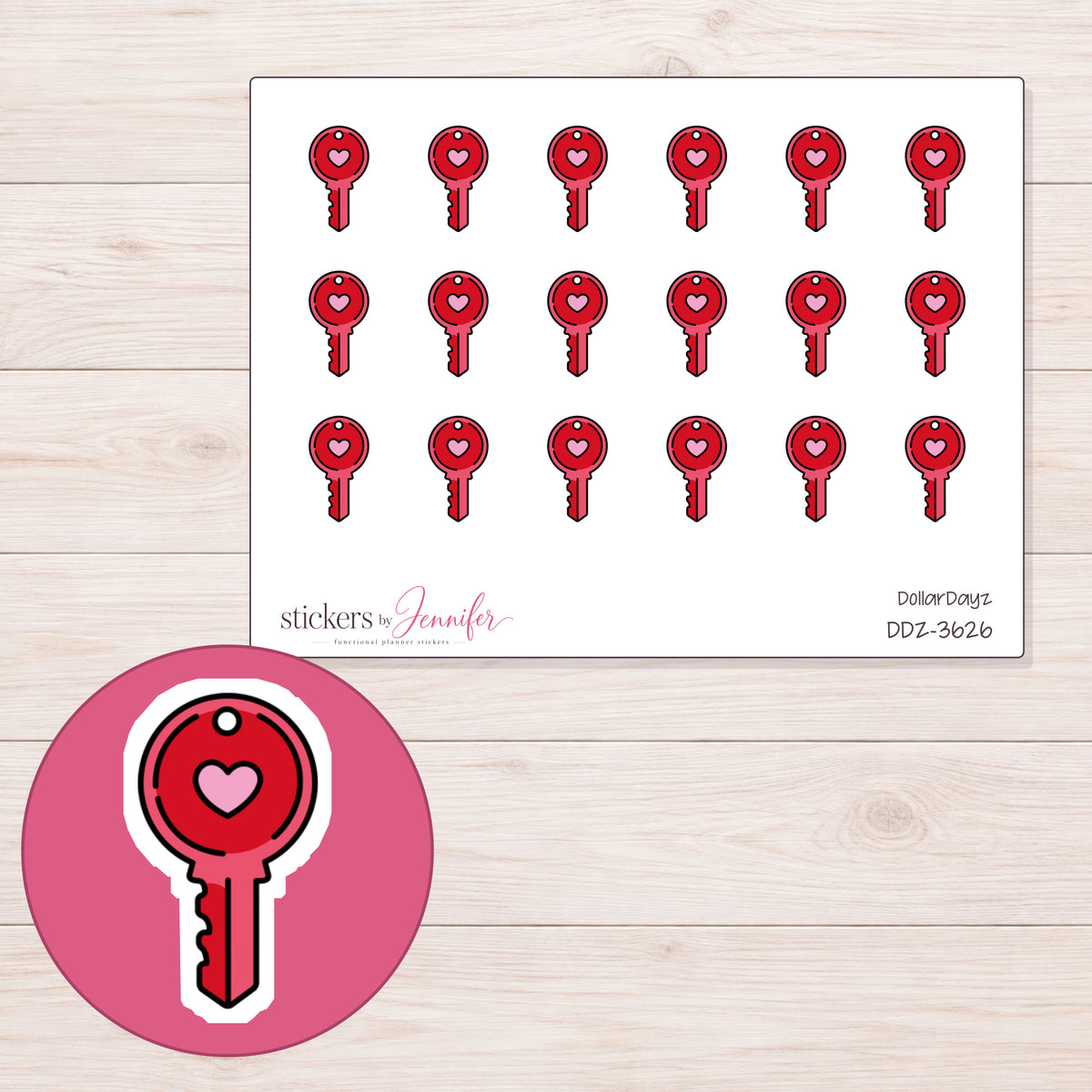 Red Heart Key Planner Stickers | DDZ-3626 — 4 × 3 inch sheet and enlarged sticker detail