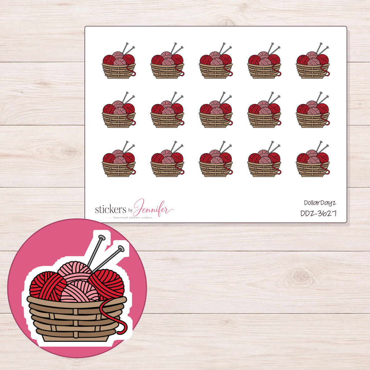 Red Yarn Basket Planner Stickers | DDZ-3627 — 4 × 3 inch sheet and enlarged sticker detail