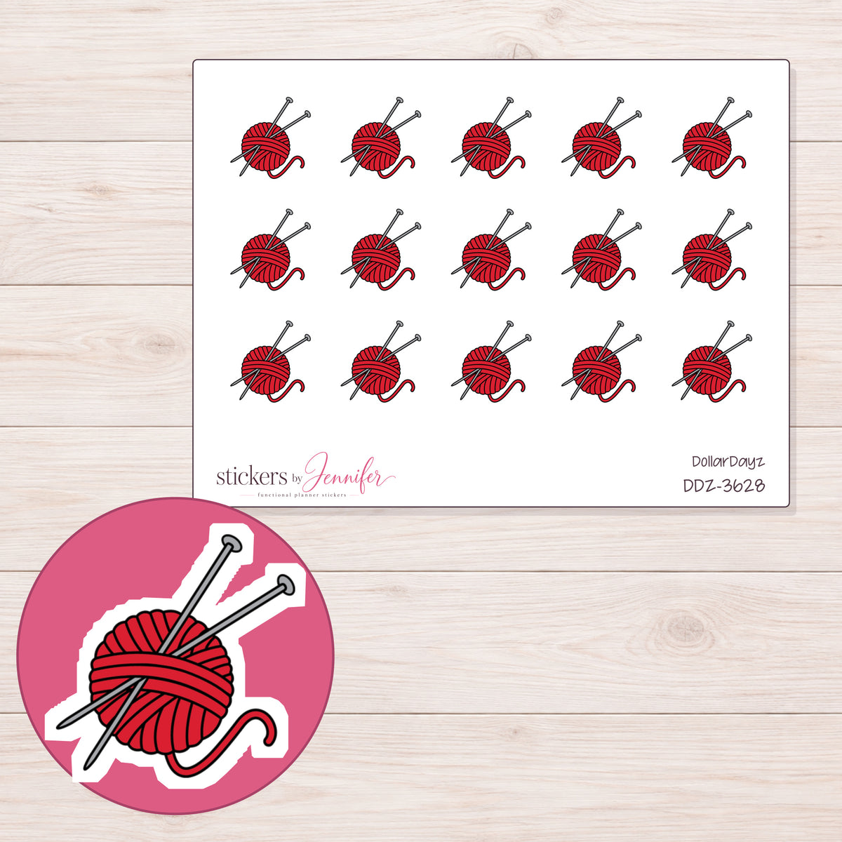 Red Yarn Ball and Needles Planner Stickers | DDZ-3628 — 4 × 3 inch sheet and enlarged sticker detail