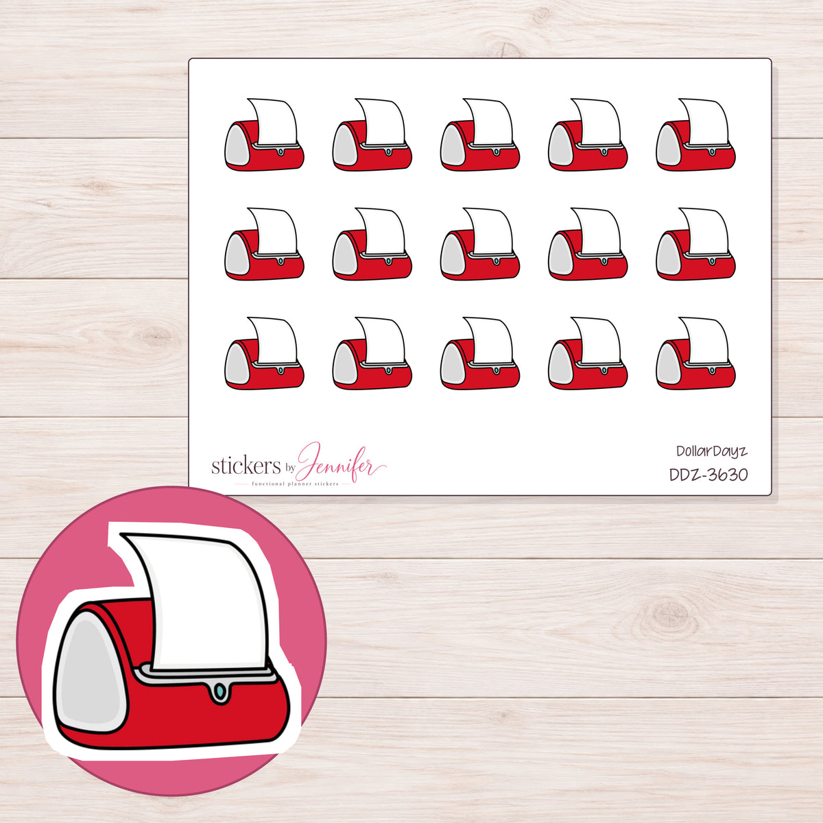 Red Label Printer Planner Stickers | DDZ-3630 — 4 × 3 inch sheet and enlarged sticker detail