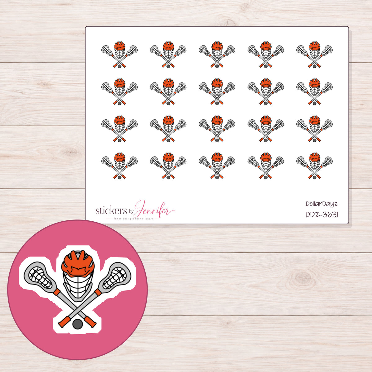 Lacrosse Sticks and Helmet Planner Stickers | DDZ-3631 — 4 × 3 inch sheet and enlarged sticker detail