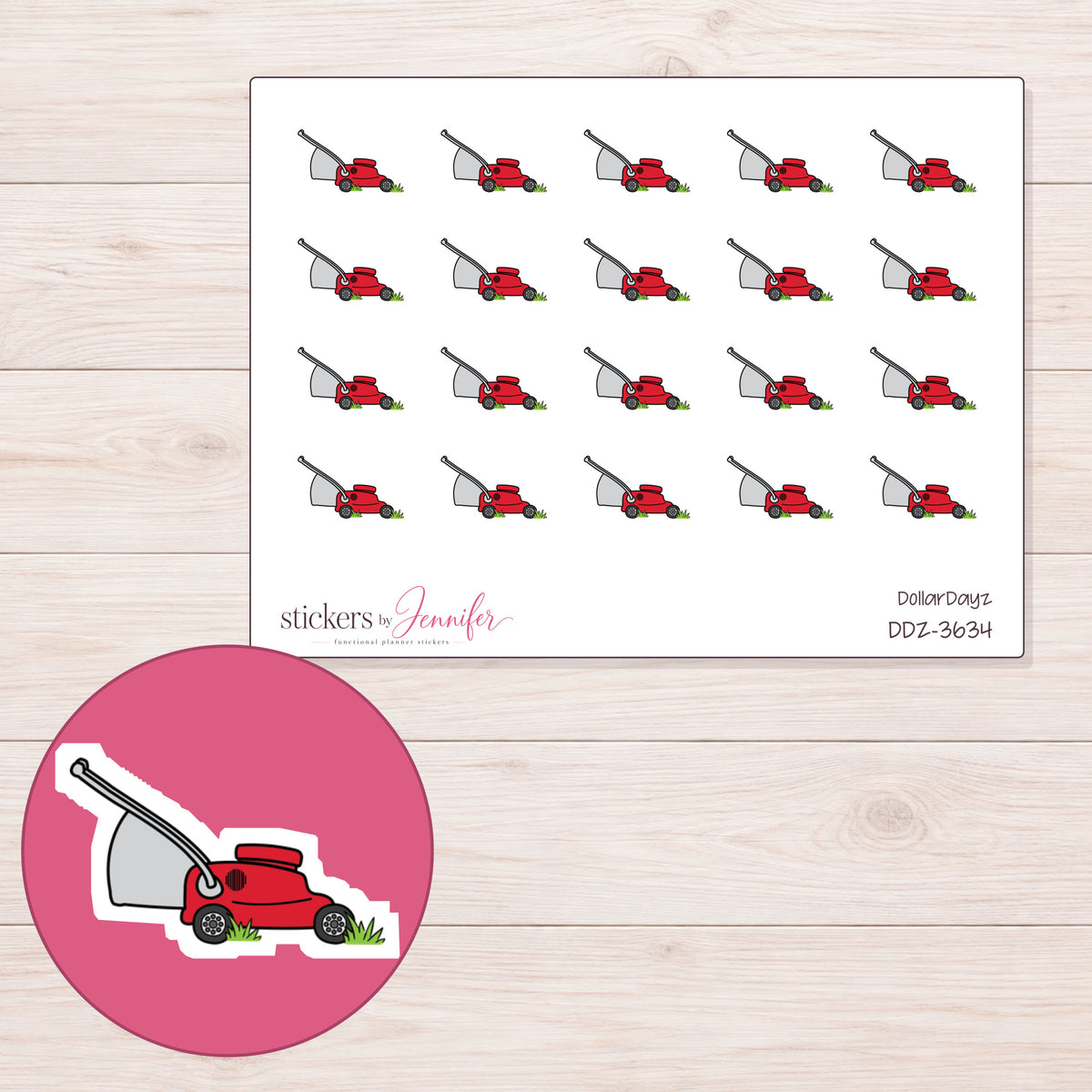Red Lawn Mower Planner Stickers | DDZ-3634 — 4 × 3 inch sheet and enlarged sticker detail