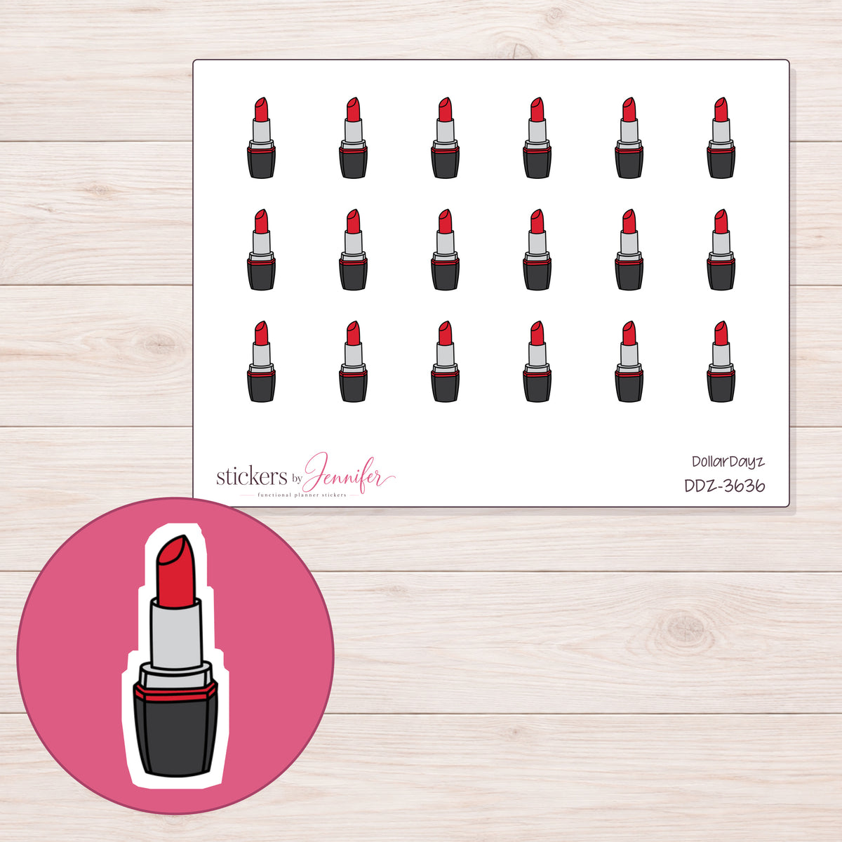 Red Lipstick Planner Stickers | DDZ-3636 — 4 × 3 inch sheet and enlarged sticker detail