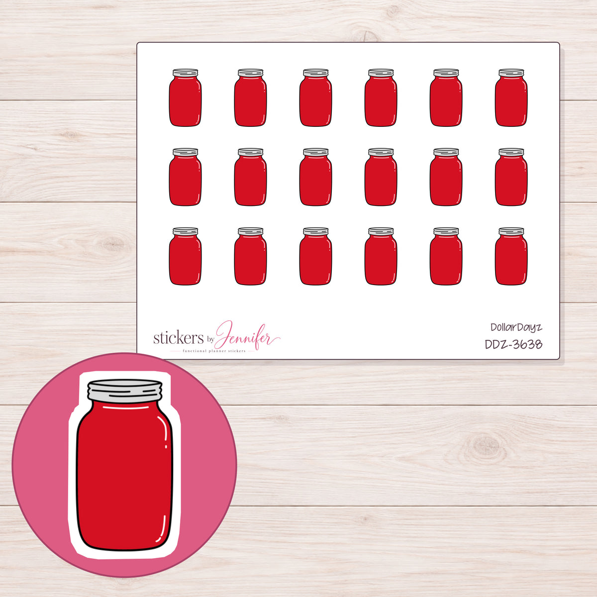 Red Mason Jar Planner Stickers | DDZ-3638 — 4 × 3 inch sheet and enlarged sticker detail