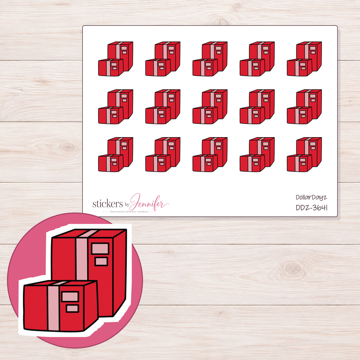 Red Parcel Boxes Planner Stickers | DDZ-3641 — 4 × 3 inch sheet and enlarged sticker detail