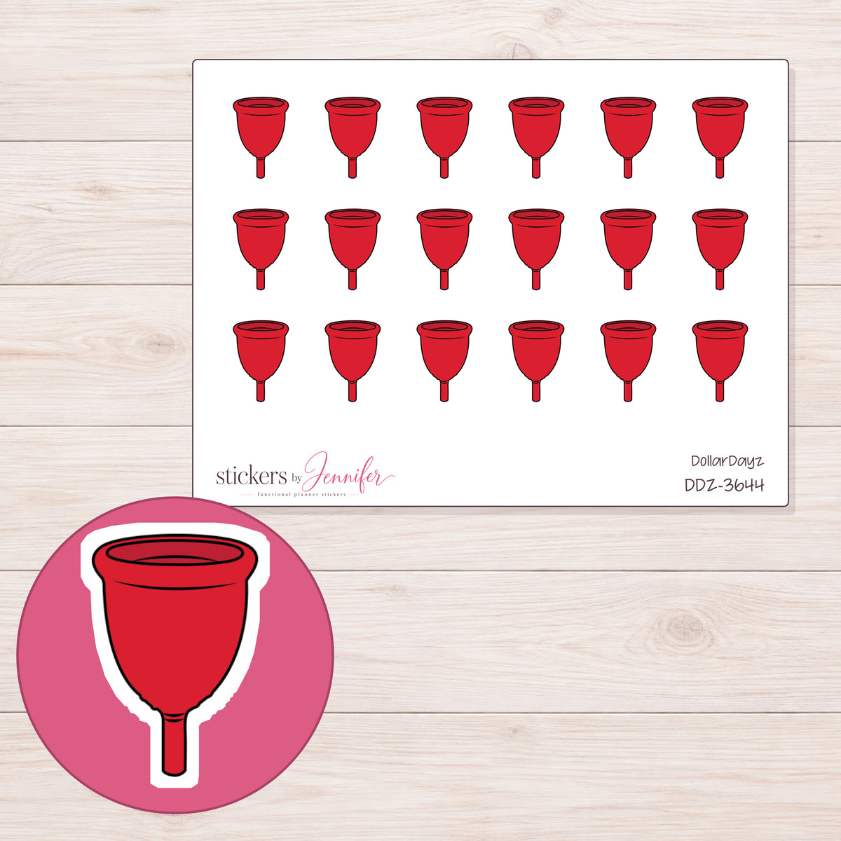 Red Menstrual Cup Planner Stickers | DDZ-3644 — 4 × 3 inch sheet and enlarged sticker detail