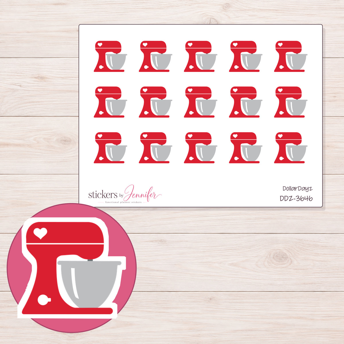 Red Heart Stand Mixer Planner Stickers | DDZ-3646 — 4 × 3 inch sheet and enlarged sticker detail