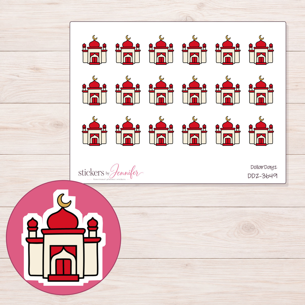 Red Dome Mosque Planner Stickers | DDZ-3649 — 4 × 3 inch sheet and enlarged sticker detail