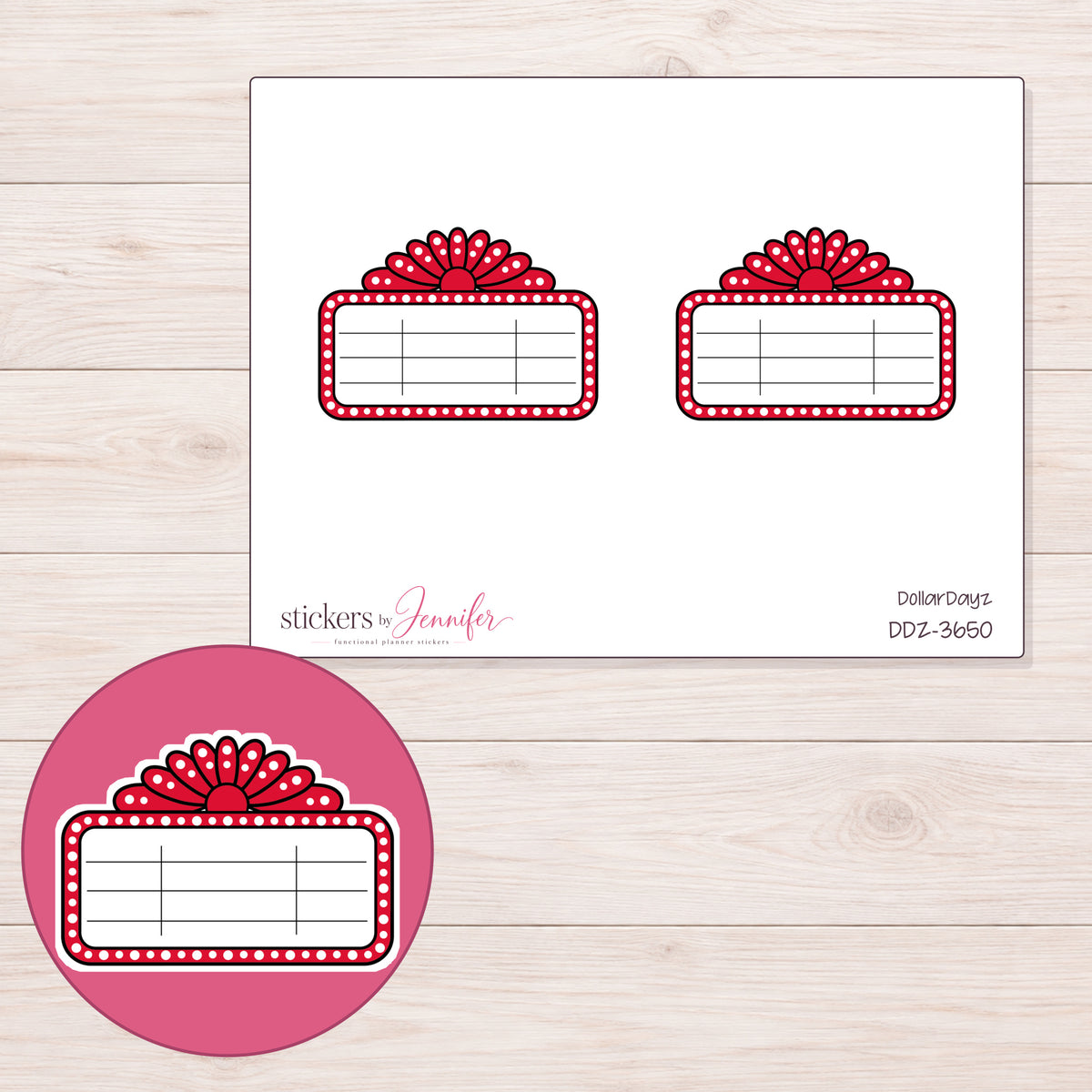 Red Cinema Marquee Label Planner Stickers | DDZ-3650 — 4 × 3 inch sheet and enlarged sticker detail