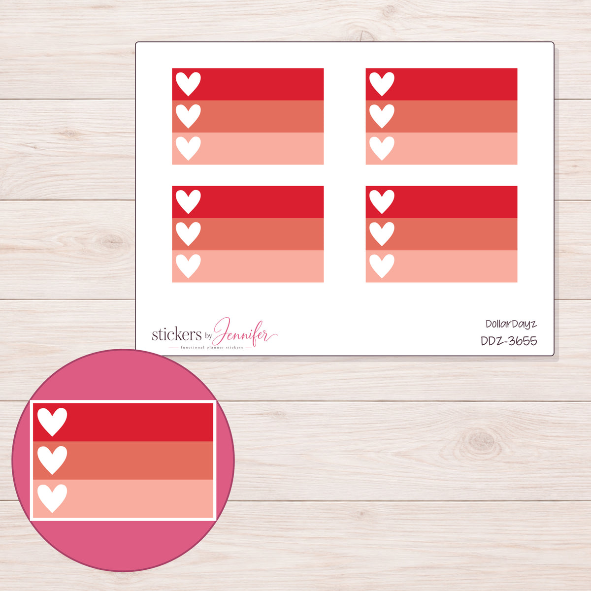 Red Ombre Heart Checklist Planner Stickers | DDZ-3655 — 4 × 3 inch sheet and enlarged sticker detail