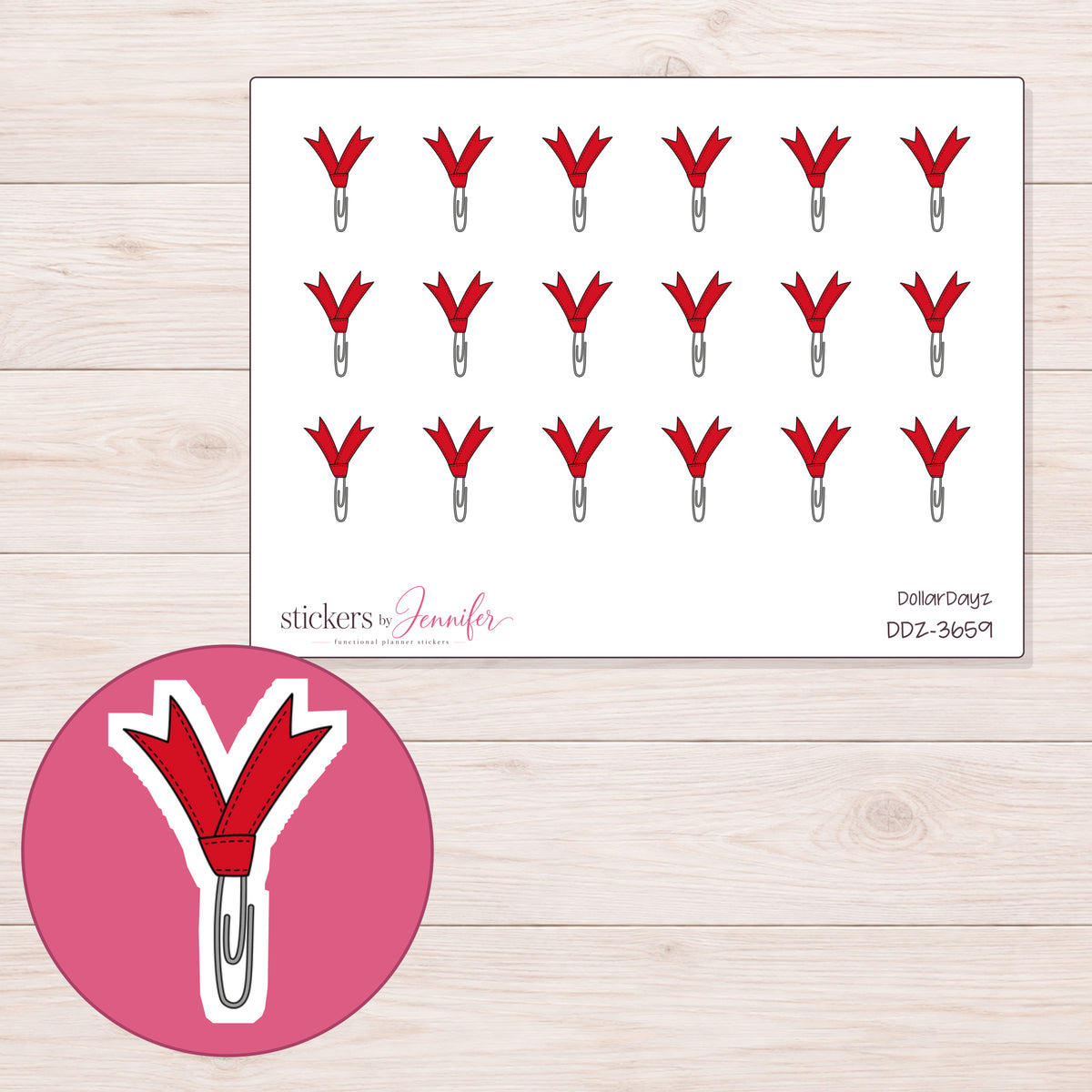 Red Ribbon Paper Clip Planner Stickers | DDZ-3659 — 4 × 3 inch sheet and enlarged sticker detail