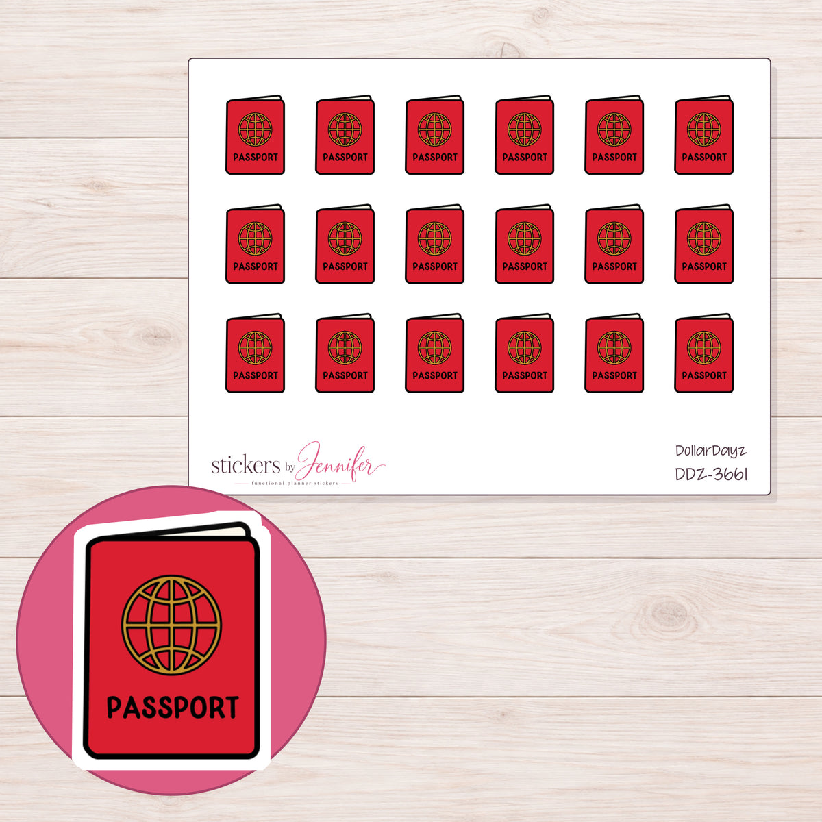 Red Passport Planner Stickers | DDZ-3661 — 4 × 3 inch sheet and enlarged sticker detail