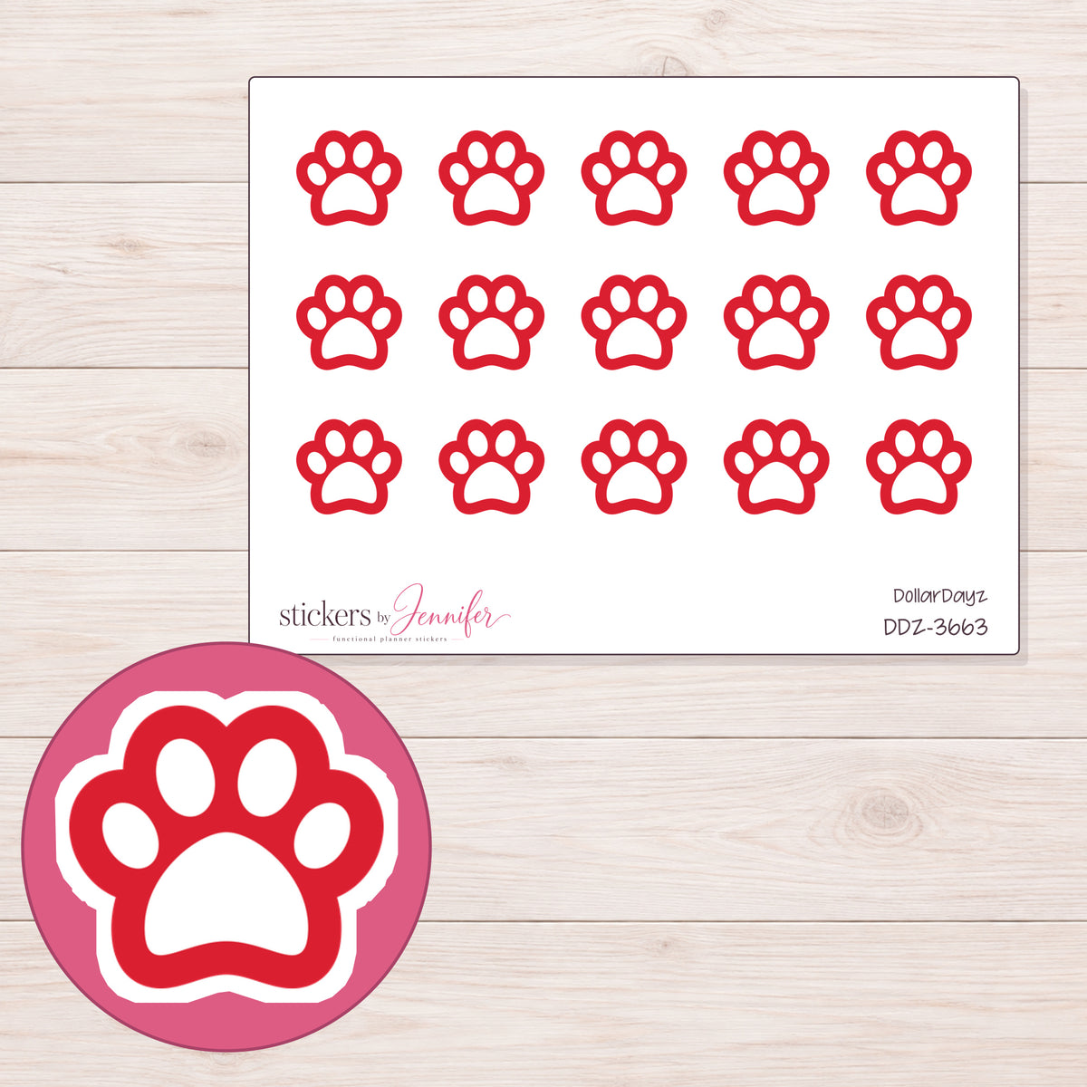 Red Outline Paw Print Planner Stickers | DDZ-3663 — 4 × 3 inch sheet and enlarged sticker detail
