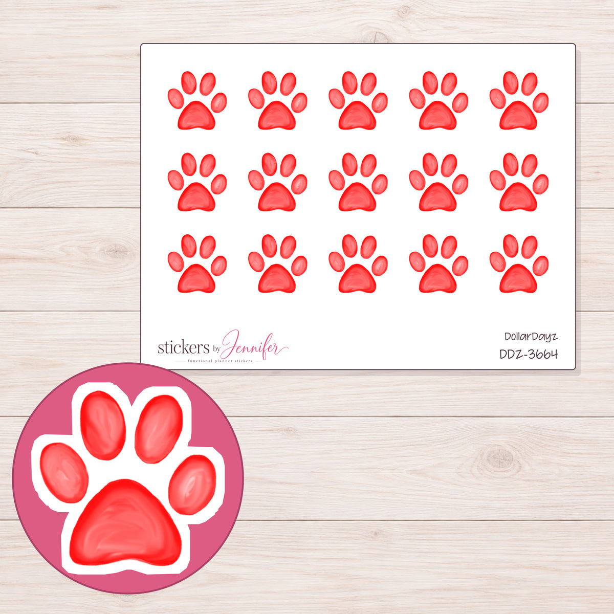 Bright Red Watercolor Paw Planner Stickers | DDZ-3664 — 4 × 3 inch sheet and enlarged sticker detail