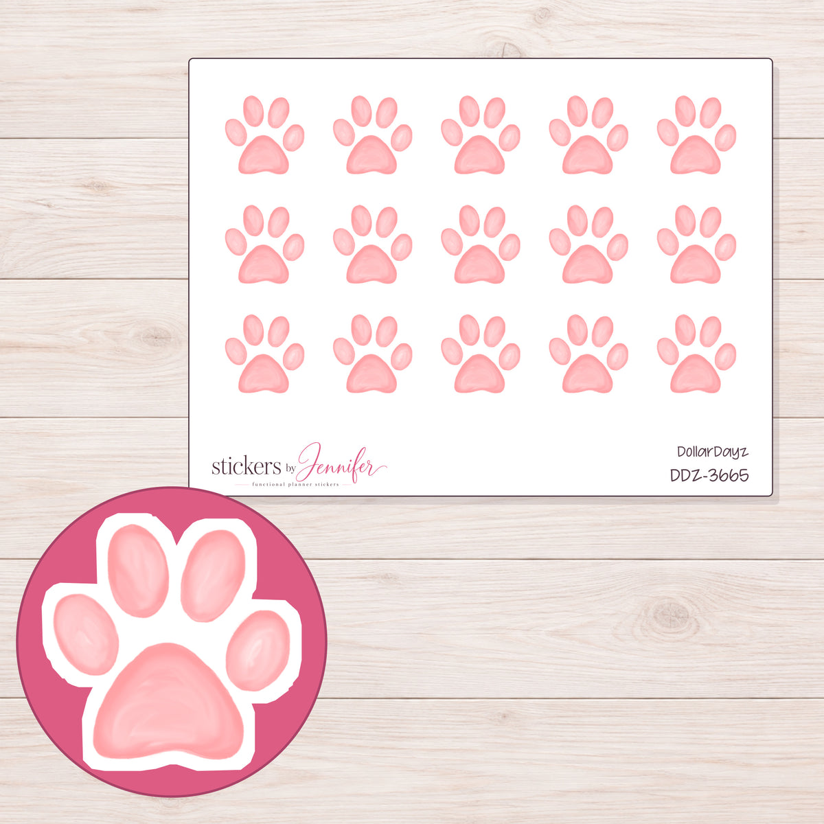 Pastel Pink Watercolor Paw Planner Stickers | DDZ-3665 — 4 × 3 inch sheet and enlarged sticker detail
