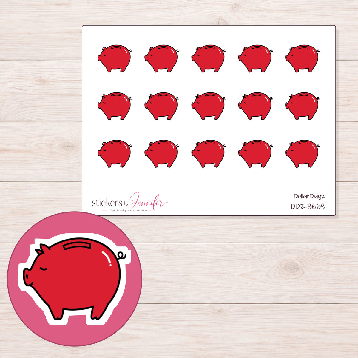 Red Piggy Bank Planner Stickers | DDZ-3668 — 4 × 3 inch sheet and enlarged sticker detail
