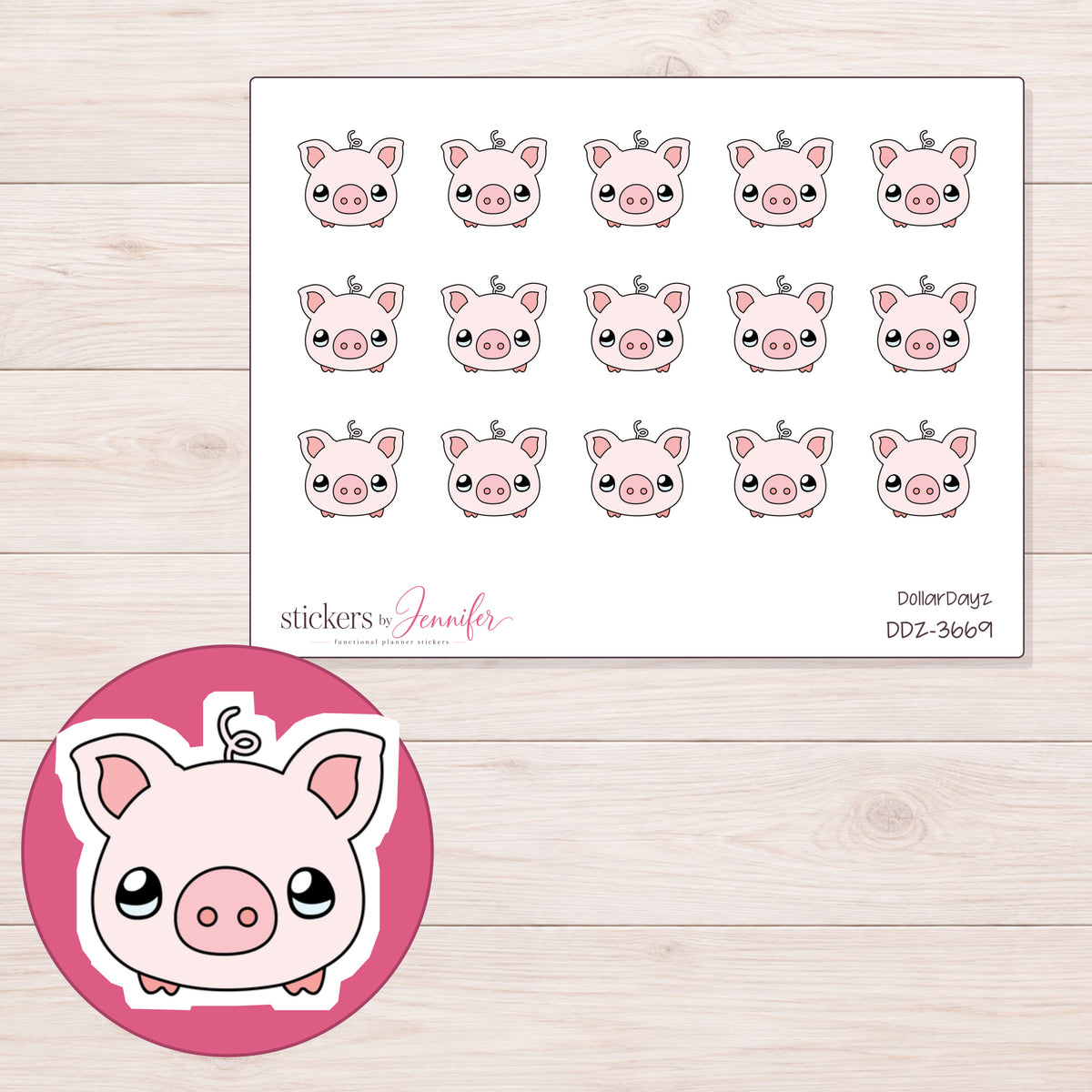Pink Kawaii Piggy Bank Planner Stickers | DDZ-3669 — 4 × 3 inch sheet and enlarged sticker detail