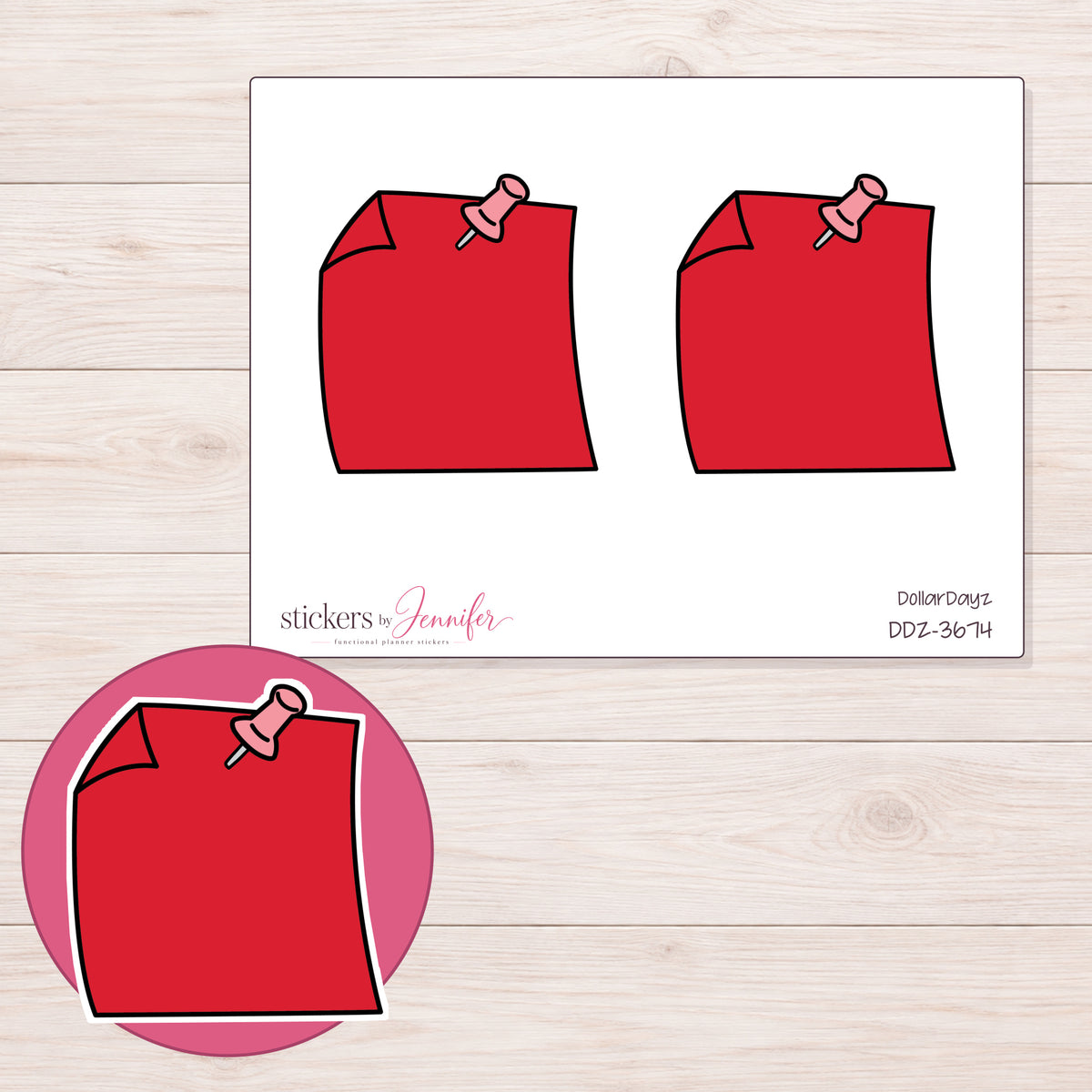Red Pinned Note Planner Stickers | DDZ-3674 — 4 × 3 inch sheet and enlarged sticker detail
