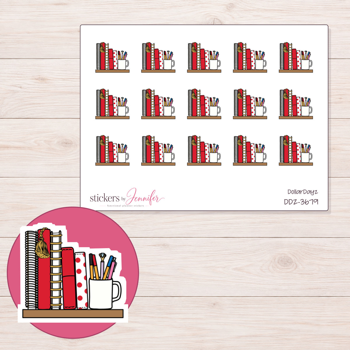 Planner Books and Pen Cup Planner Stickers | DDZ-3679 — 4 × 3 inch sheet and enlarged sticker detail