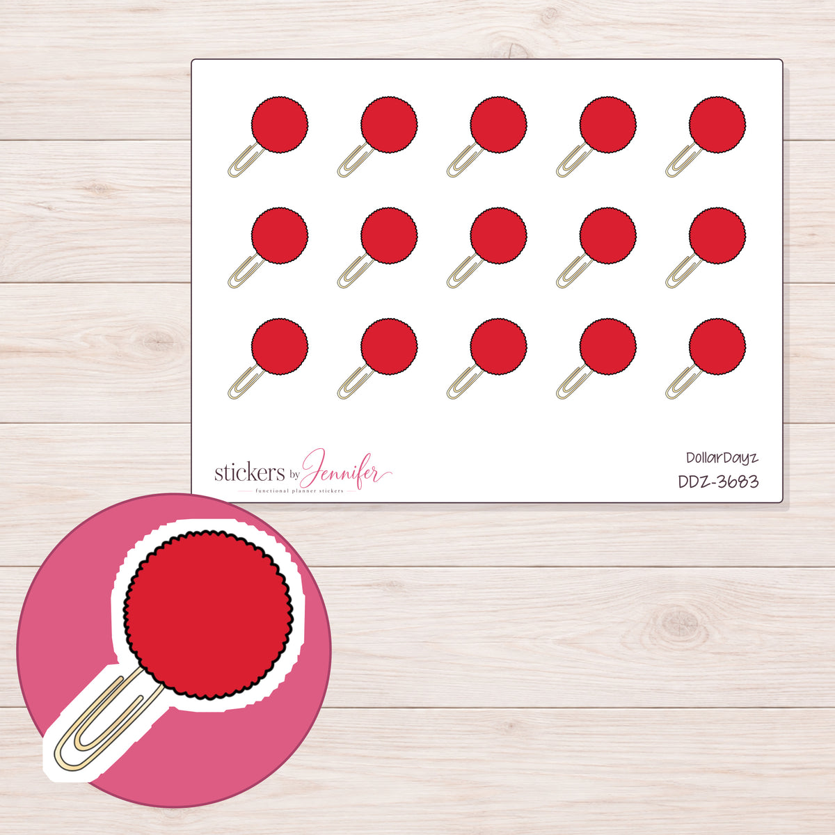 Red Pom-Pom Paper Clip Planner Stickers | DDZ-3683 — 4 × 3 inch sheet and enlarged sticker detail