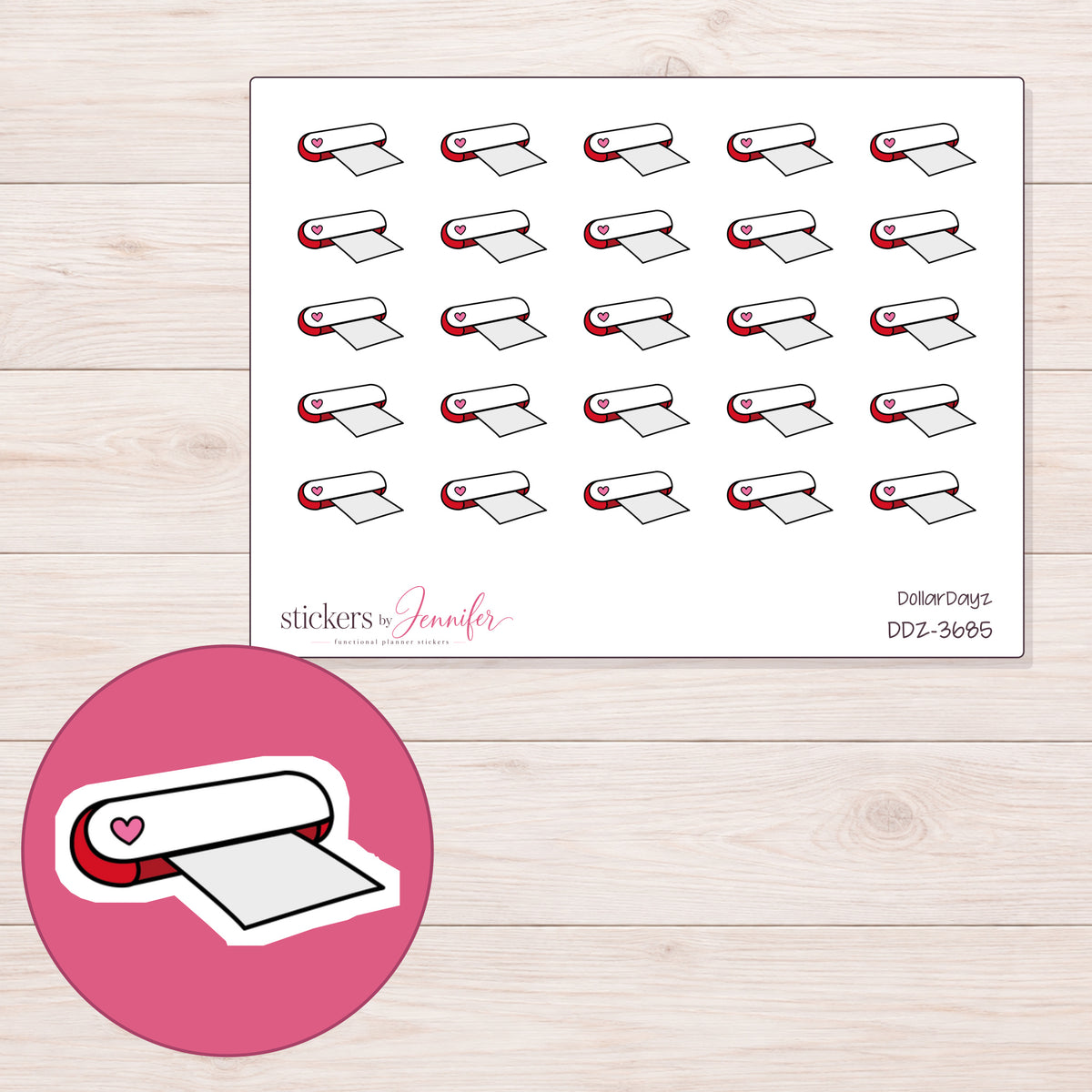 White Heart Craft Cutter Planner Stickers | DDZ-3685 — 4 × 3 inch sheet and enlarged sticker detail