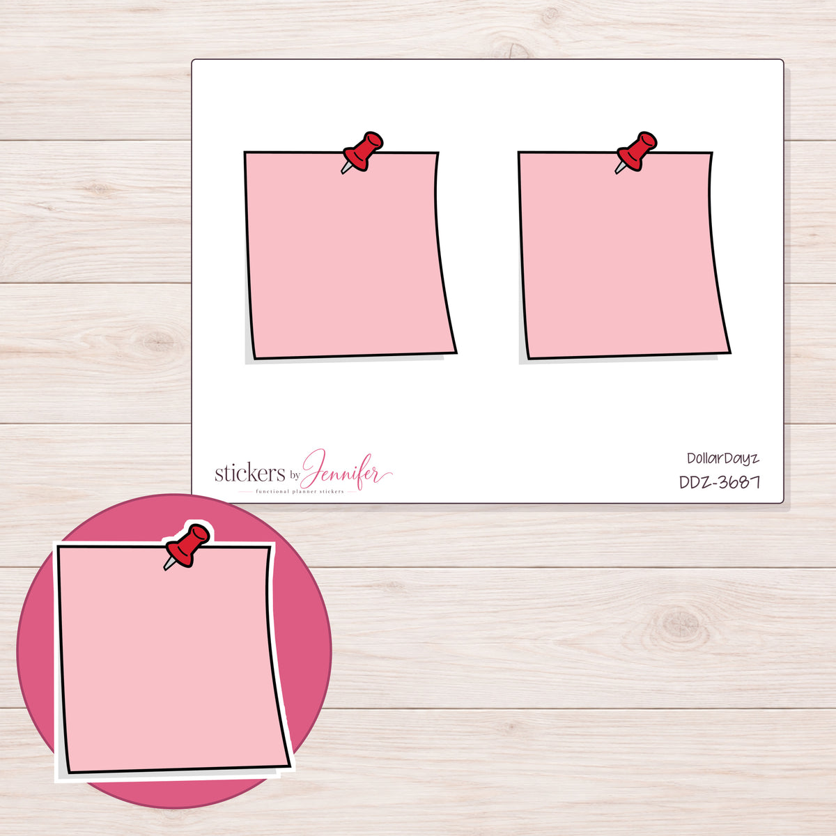 Pink Pushpin Note Planner Stickers | DDZ-3687 — 4 × 3 inch sheet and enlarged sticker detail
