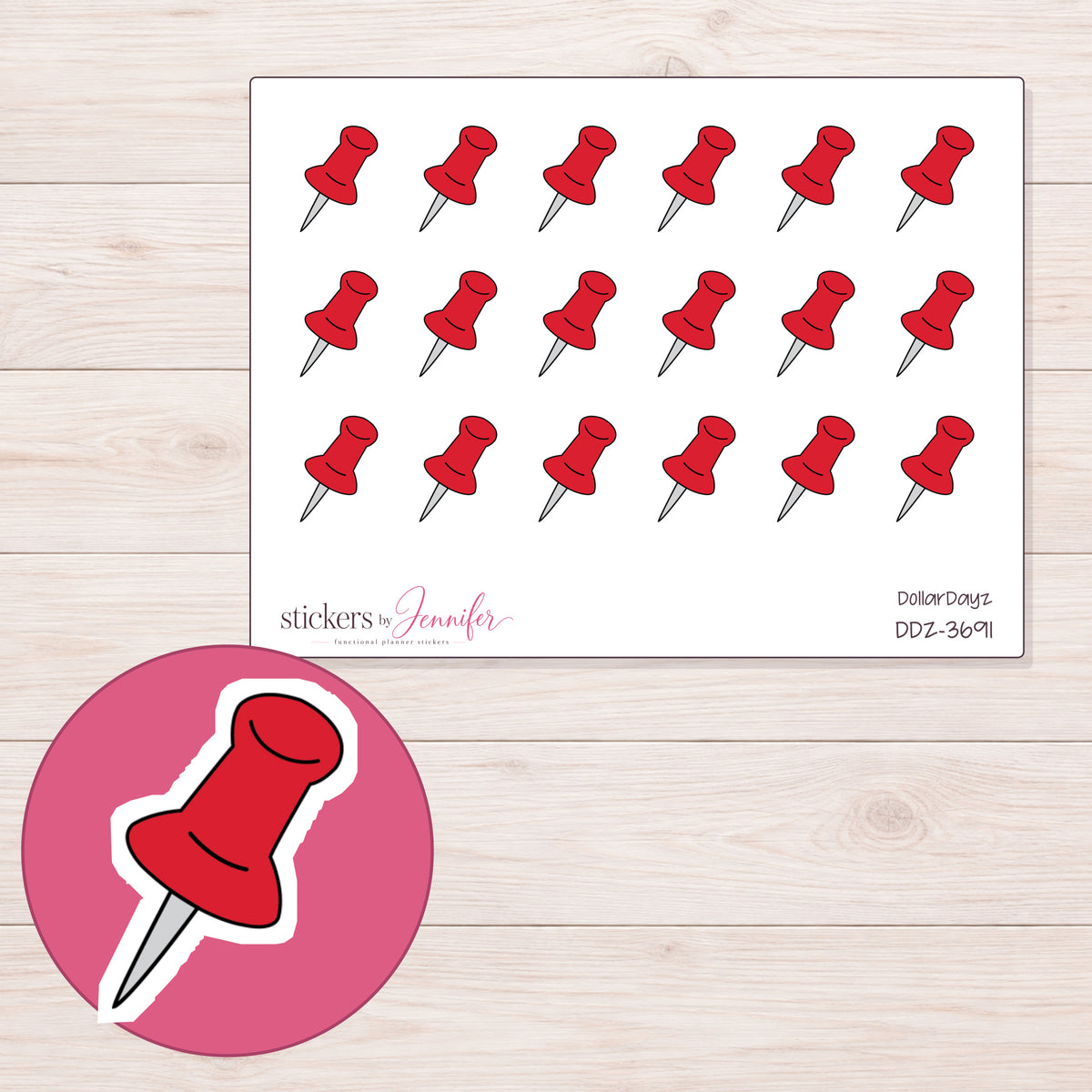 Red Pushpin Planner Stickers | DDZ-3691 — 4 × 3 inch sheet and enlarged sticker detail