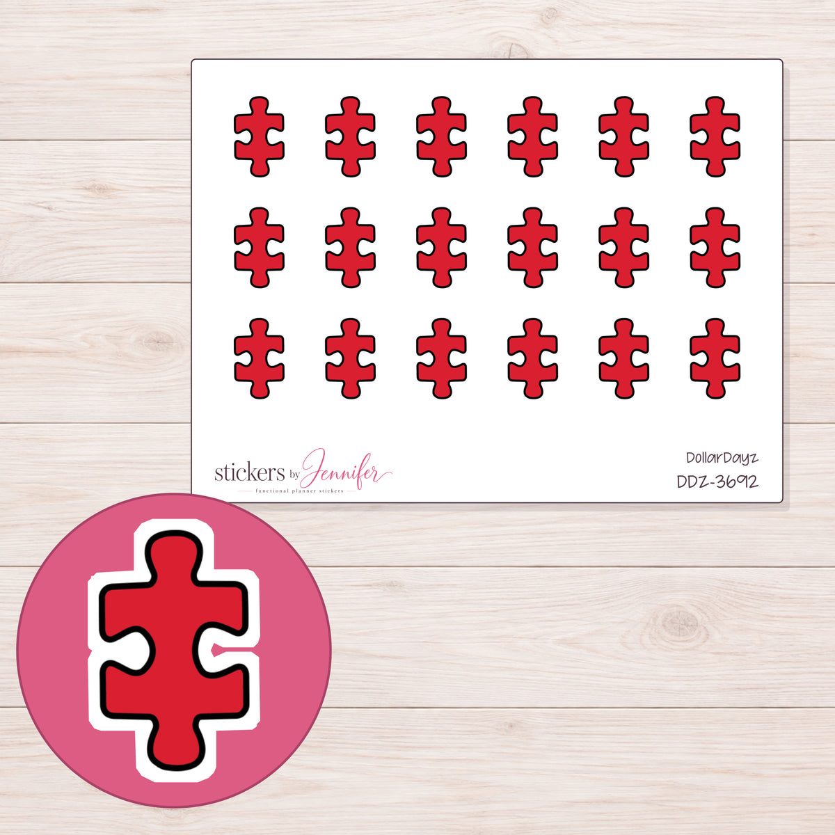Red Puzzle Piece Planner Stickers | DDZ-3692 — 4 × 3 inch sheet and enlarged sticker detail