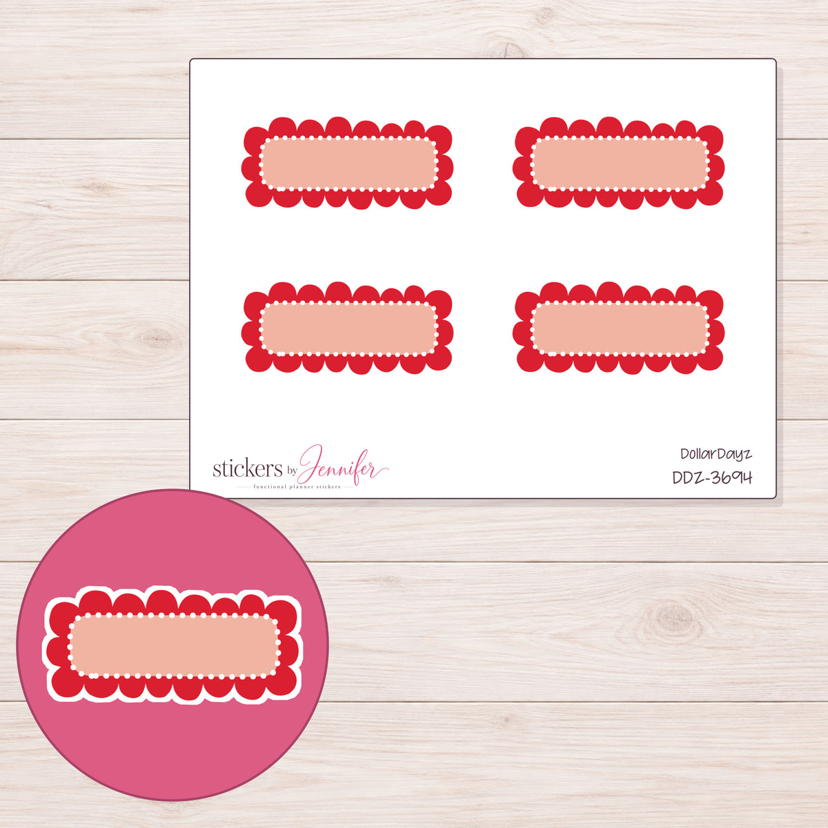 Red Scallop Dot Quarter Box Planner Stickers | DDZ-3694 — 4 × 3 inch sheet and enlarged sticker detail