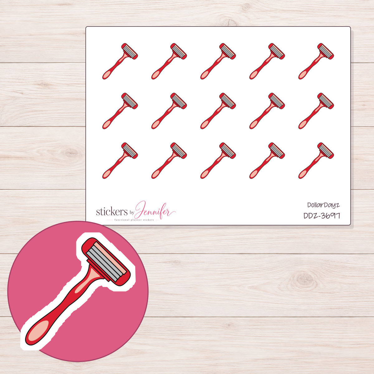 Red Razor Planner Stickers | DDZ-3697 — 4 × 3 inch sheet and enlarged sticker detail