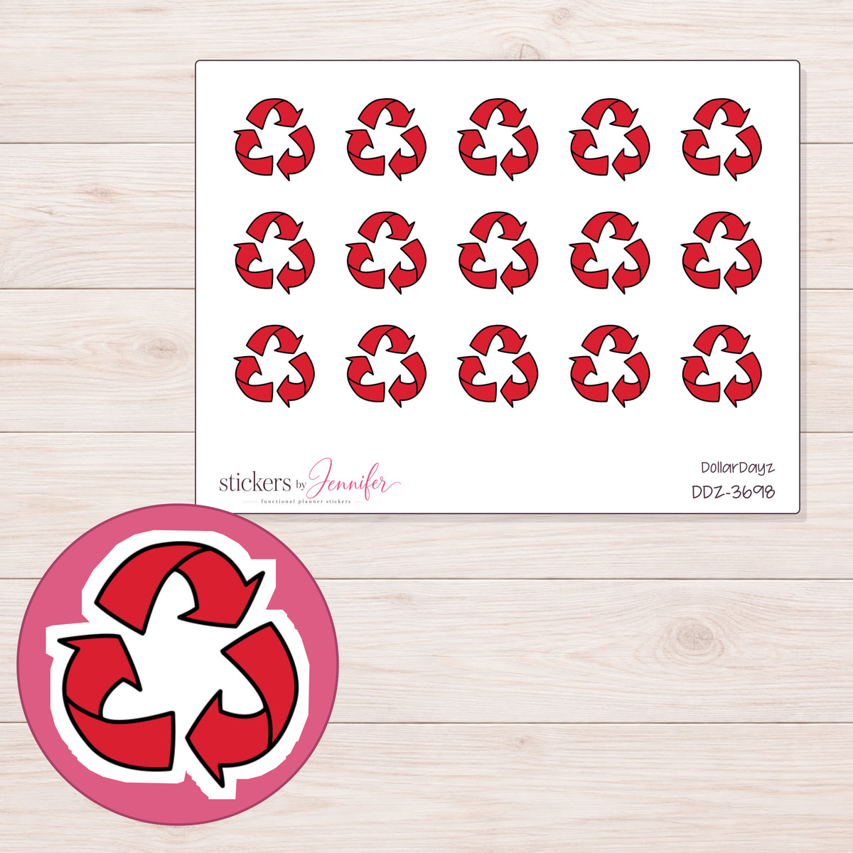 Red Recycling Symbol Planner Stickers | DDZ-3698 — 4 × 3 inch sheet and enlarged sticker detail