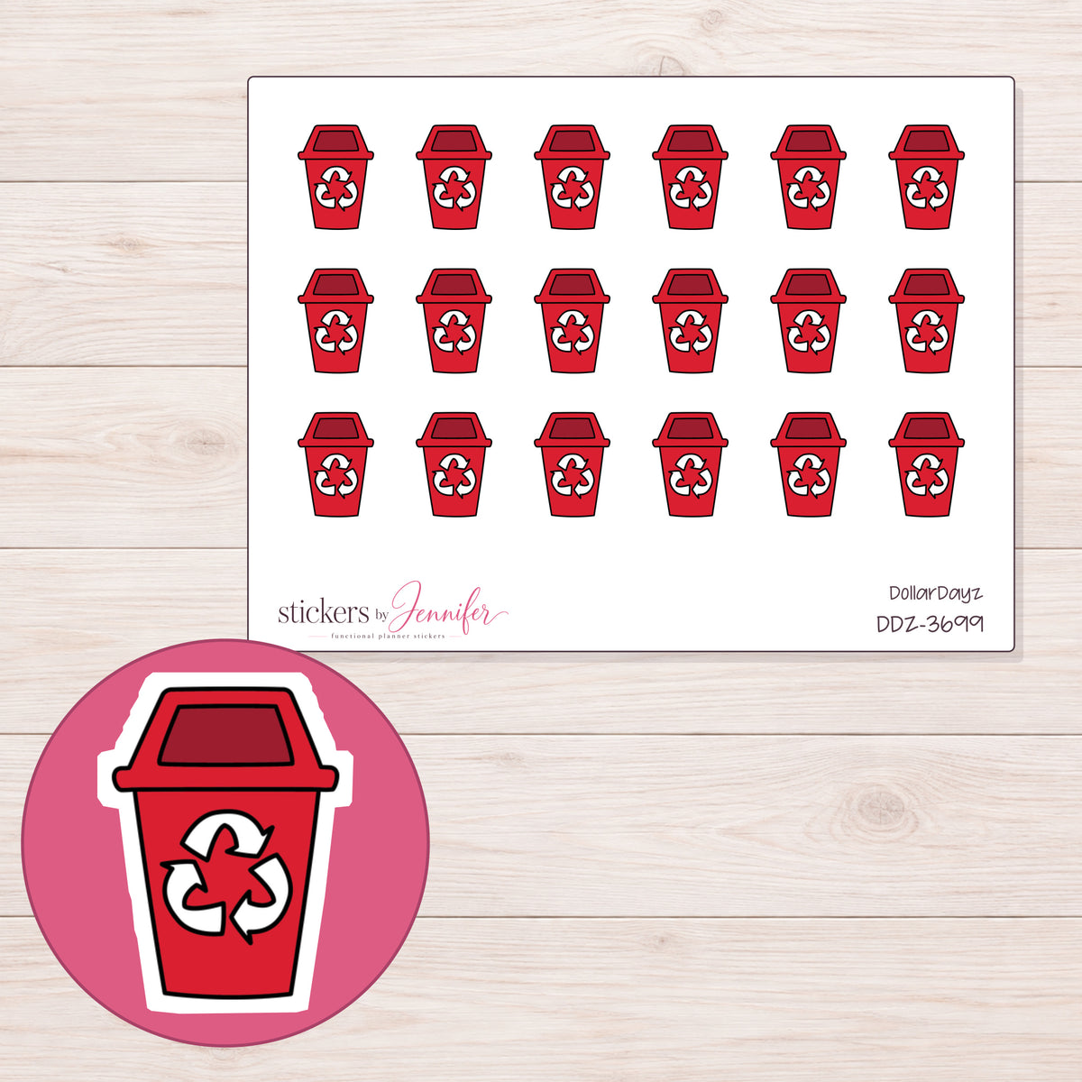 Red Recycling Bin Planner Stickers | DDZ-3699 — 4 × 3 inch sheet and enlarged sticker detail